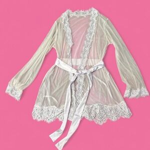 Oh La La Cheri white lace robe with satin tie belt.
